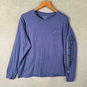 Champion Shirt Mens Large Blue Spellout Long Sleeve Athletic Crew‎ Neck Cotton